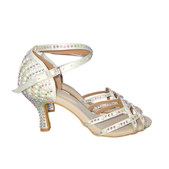 Satin & Leather Bridal / Ballroom Dance Heels Pearls & Rhinestones Sz 8 - Picture 2 of 9